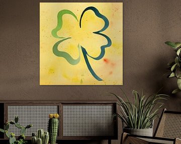 Minimalistisch klavertje vier met gele achtergrond (abstract aquarel schilderij bloemen planten 4)