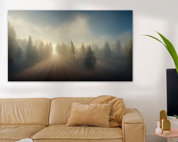Morning fog with sunlight in forest by Denny Gruner