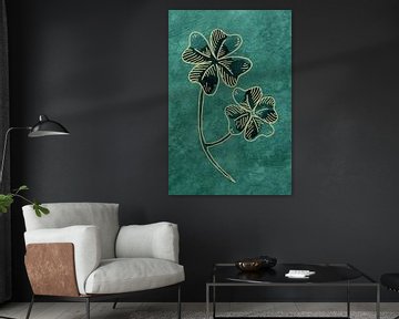 Geluk met een gouden randje (aquarel schilderij groen klavertje vier 4 bloemen planten natuur bling) van Natalie Bruns