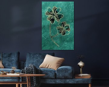 Glück mit Goldrand (Aquarell Grüner Klee vier Blumen Pflanze) von Natalie Bruns