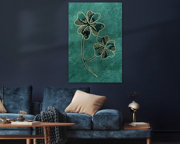 Geluk met een gouden randje (aquarel schilderij groen klavertje vier 4 bloemen planten natuur bling)