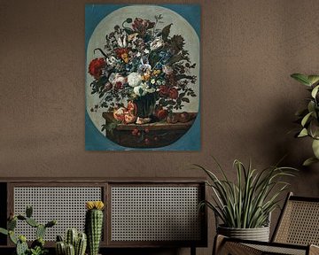 Blumen in einer Vase, umgeben von Früchten, auf einem Steinsockel, Gaspar Peeter Verbruggen der Älte