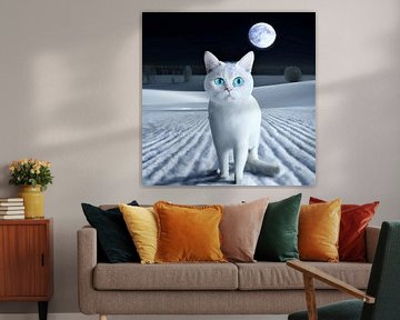 Witte kat met blauwe ogen in sneeuwlandschap met volle maan van Maud De Vries