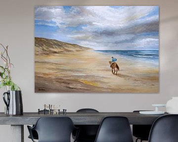 Paardrijden op het Noordzee strand. Aquarel op papier van Galerie Ringoot