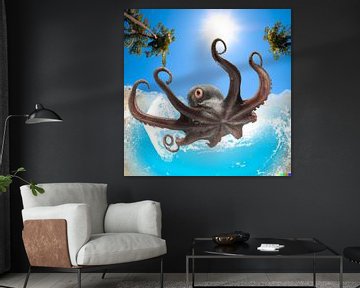 Octopus springt uit helderblauw water in tropische omgeving met palmbomen van Maud De Vries