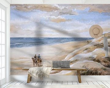Aquarel met duin en zeezicht - Twee ruiters op het Nederlandse Noordzee  strand van Galerie Ringoot