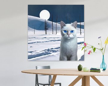 Witte kat met op achtergrond een winter landschap in de nacht met volle maan van Maud De Vries