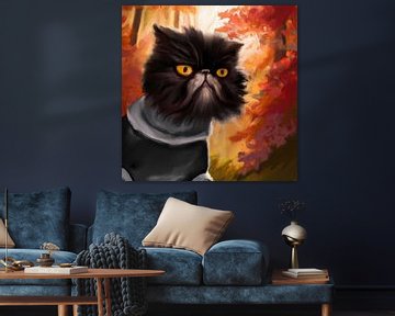 Zwarte Perzische kat met trui in  herfstbos van Maud De Vries