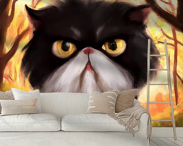 Grumpy kijkende Perzische kat met trui in de herfst van Maud De Vries