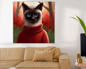 Grappig portret van een Siamese kat met rode koltrui en blauwe ogen van Maud De Vries