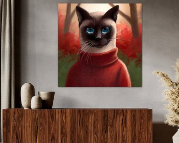 Lustiges Porträt einer Siamkatze mit rotem Rollkragenpullover und blauen Augen von Maud De Vries