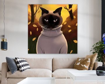 Sweet portrait of a Siamese cat with white turtleneck and falling leaves by Maud De Vries