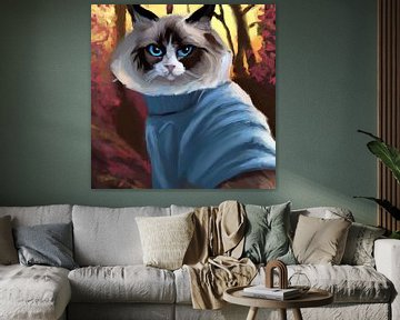 Portret van een mooie ragdoll kat met blauwe ogen en blauwe trui van Maud De Vries