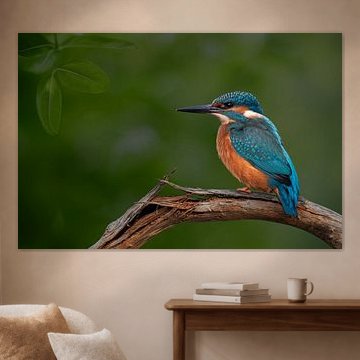 Eisvogel auf einem Baumstamm mit grünem Hintergrund