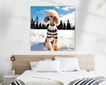 Portret van een witte poedel met gebreide trui in winters sneeuwlandschap van Maud De Vries