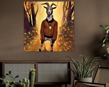 Chèvre cool avec un pull orange posant dans une forêt pendant l'heure dorée sur Maud De Vries
