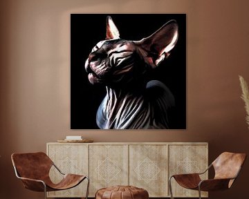 Low-Key-Porträt Illustration einer schwarzen Sphynx-Katze mit geschlossenen Augen von Maud De Vries