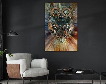 Buntes Kunstwerk einer Eule mit großen Augen von Lisette Rijkers