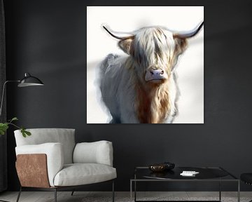 Scottish Highlander with white blond and light brown hair and large horns white background by Maud De Vries