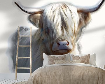 Schottischer Highlander mit weißem blondem und hellbraunem Haar und großen Hörnern weißer Hintergrun