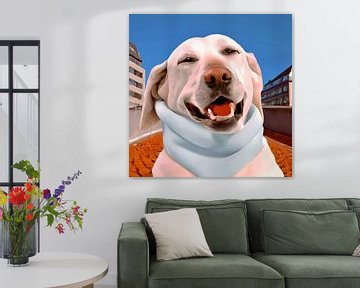 Grappig close up portret van een blije Labrador met trui aan van Maud De Vries