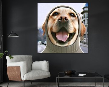 Digital photorealistic illustration of a happy Labrador wearing hooded sweater in the city by Maud De Vries