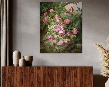 Grande nature morte rose avec papillons et oiseau, Josef Lauer