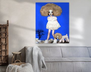 Digitaal expressionistisch kunstwerk vrouw en hond met grote bos krullend haar van Maud De Vries