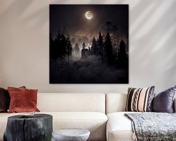 donker nachtelijk bos met grote maan van Rando Fermando