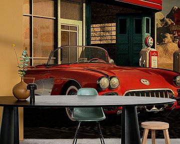 Chevrolet Corvette C1 bij een oud benzinestation