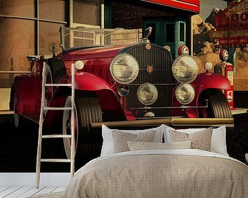 CadillacV16 Roadster 1930 bij een oud benzinestation