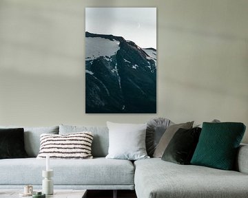 Snow capped mountain in evening sun and moonlight - Norway photo print | Small moon | photography by Elise van Gils