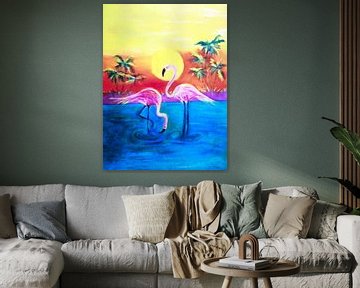 Flamingo's bij zonsondergang van Maria Lakenman