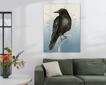Raven drawing in washed ink by Bianca Wisseloo