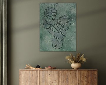 Voor altijd bij elkaar (abstract aquarel schilderij portret man vrouw lijntekening groen Valentijn) van Natalie Bruns