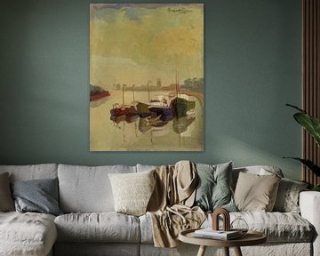 Impressionistische weergave van een aantal schepen op de rivier  - olieverf op hardboard. van Galerie Ringoot