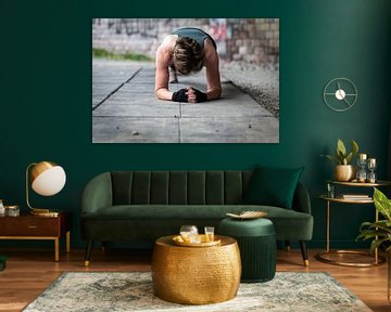 Active 36 year old white woman planking under a bridge outdoors, by Werner Lerooy