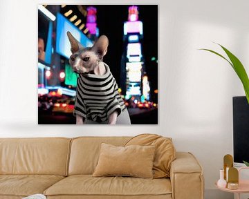 Portret van een Sphynx kat met gestreepte trui in nachtelijk New York van Maud De Vries