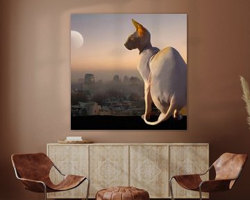 Sphynx-Katze schaut bei Sonnenuntergang mit Mond über die Stadt auf Mauer von Maud De Vries