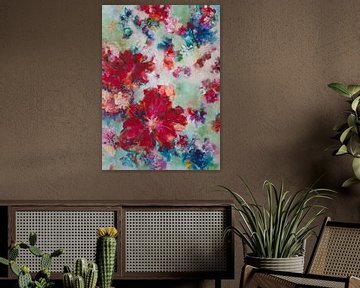 Red Velvet Lake - kleurrijk schilderij met rode bloemen