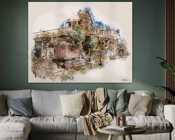 Art numérique. Vieux bâtiment dans l'ouest sauvage en aquarelle sur Gelissen Artworks