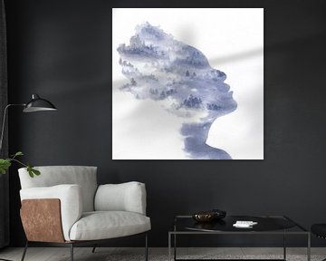 Laat het los (blauw aquarel schilderij portret vrouw bos bomen silhouet gezicht vierkant abstract) van Natalie Bruns