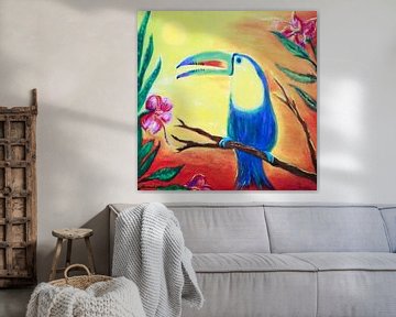 Tropical toucan with hibiscus flowers by Maria Lakenman