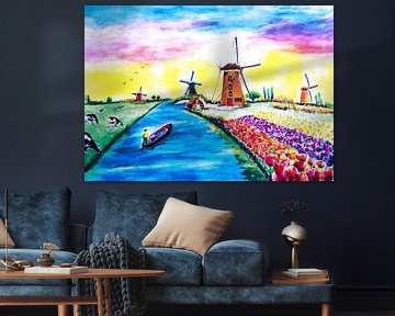 Colorful tulip fields, cows in the meadow surrounded by windmills by Maria Lakenman