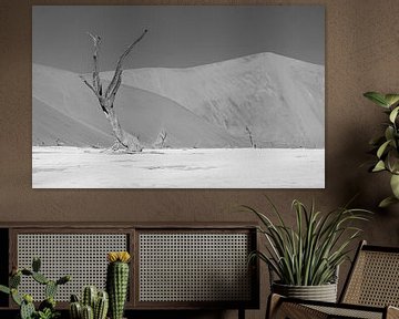 Grands et petits arbres à Deadvlei en noir et blanc sur Lennart Verheuvel