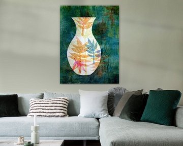 Vase mit Blattmuster mit petrolfarbenem Hintergrund von Lida Bruinen