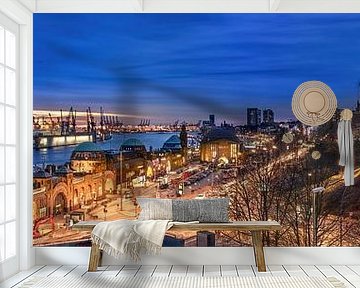 Hamburg landing stages with harbor.