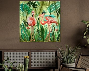 Roze flamingo in groene jungle van Caroline Bonne Müller