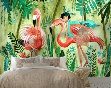 Pink flamingo in green jungle by Caroline Bonne Müller