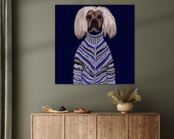 Portrait of a dog with blond hair in turtleneck blue tones